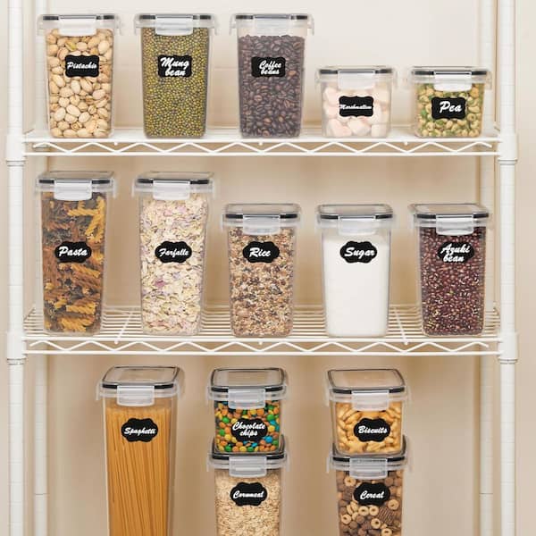 Airtight Food Storage Containers Set 15pcs Black BPA Free Plastic Kitchen Pantry Organizer with 24-Labels