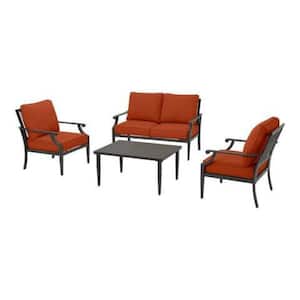 Braxton Park 4-Piece Black Steel Outdoor Patio Conversation Deep Seating Set with CushionGuard Quarry Red Cushions