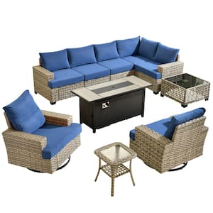 Torino Gray 10-Piece Wicker Outdoor Patio Conversation Sofa Sectional Set with a Metal Fire Pit and Navy Blue Cushions