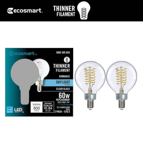 EcoSmart 60-Watt Equivalent G16.5 Dimmable Fine Bendy Filament LED Vintage Edison Light Bulb Daylight (2-Pack)