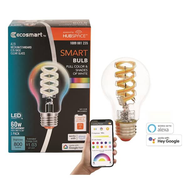 60-Watt Equivalent Smart A19 Clear Color Changing CEC LED Light Bulb with  Voice Control (1-Bulb) Powered by Hubspace