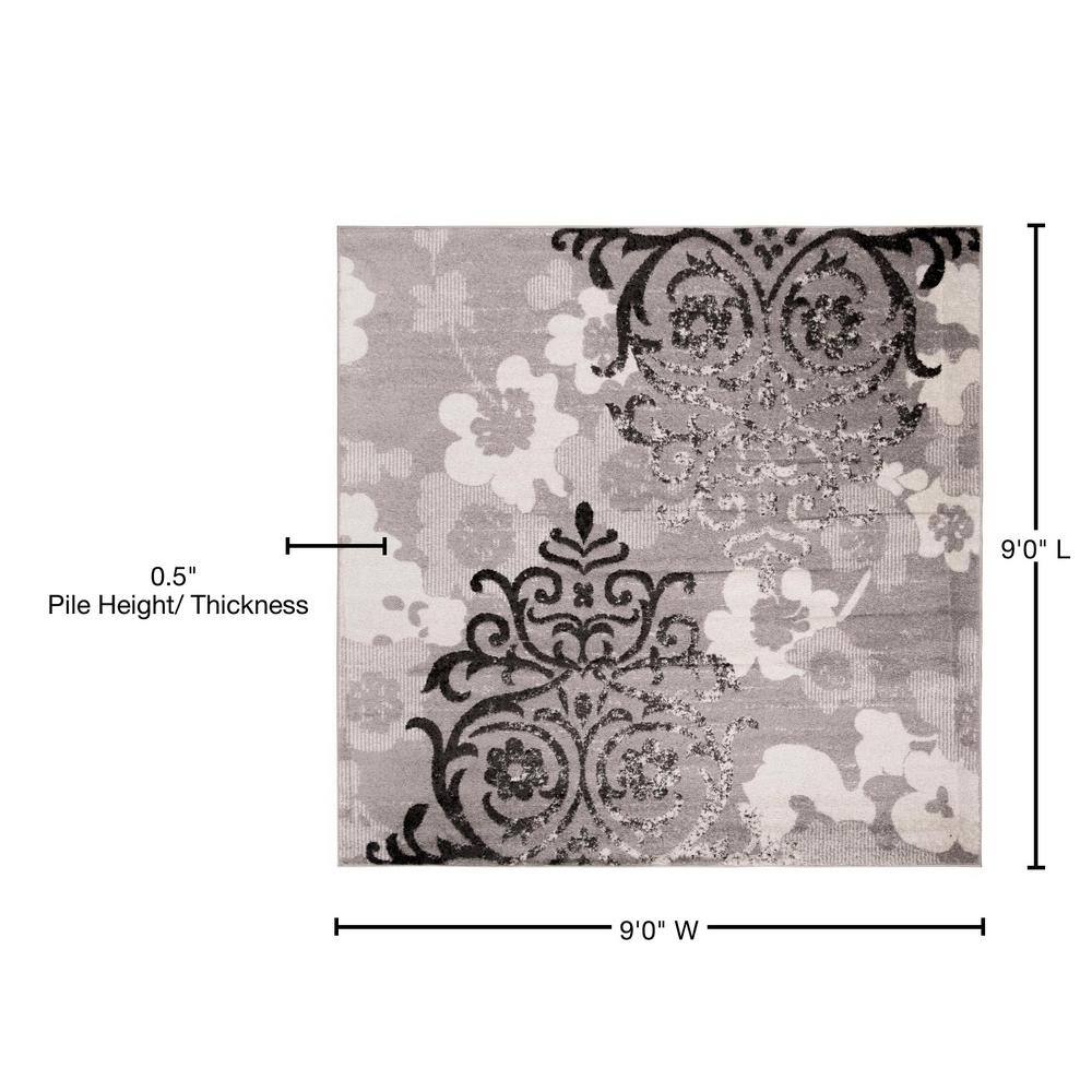 Silver Ivory 9' Square Reversible Synthetic Area Rug