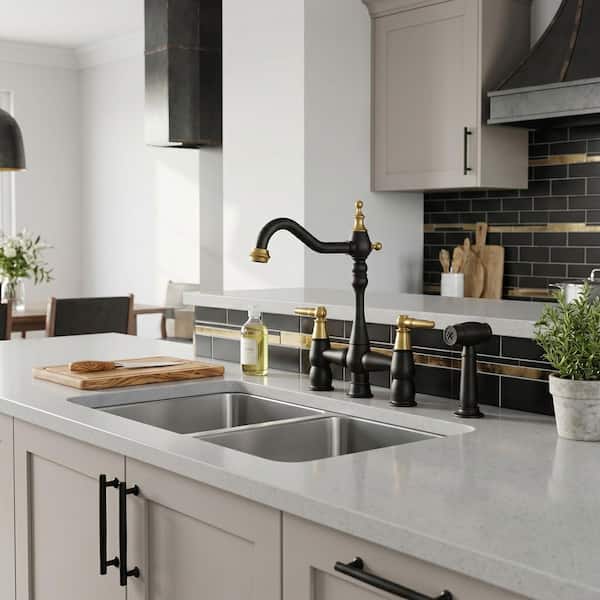 Brass Double Handle Bridge Kitchen Faucet with Side Sprayer in Black and Gold