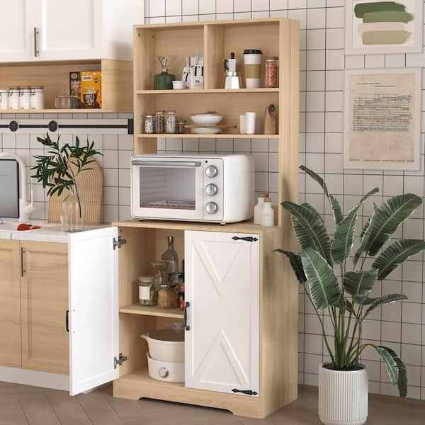 Natural Wood and White Pantry Organizer with Adjustable Shelves; Removable Shelves