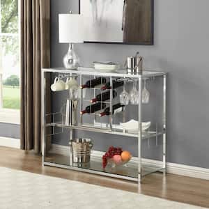 Chrome Metal Frame Glass Shelves Bar Serving Cart with Glass Holder and Wine Rack (3-Tier)