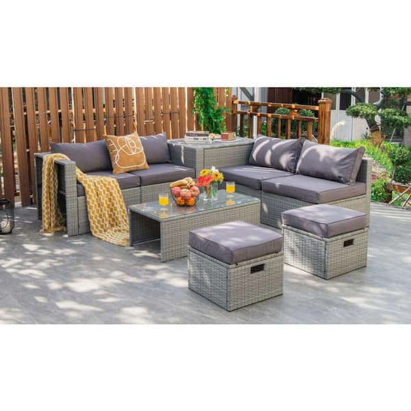 8-Piece Patio Rattan Metal Patio Conversation Set with Cushions in Gray and Storage Table