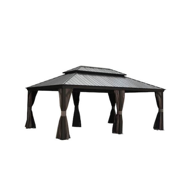 14 ft. x 20 ft. Brown Permanent Hardtop Gazebo with Galvanized Steel Roof and Aluminum Frame, Includes Curtains and