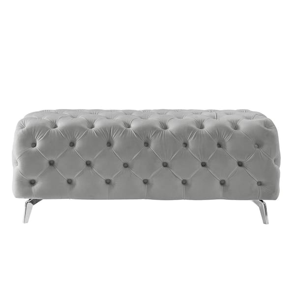 URTR Gray Button-Tufted Ottoman Bench, Velvet Footrest Stool Modern Accent Bench for Entryway, Living Room, Bedroom, Office