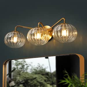 Modern 23.6 in. 3-Light Plated Brass Vanity Light with Pumpkin Clear Glass Shades for Bathroom Vanity and Makeup Mirror