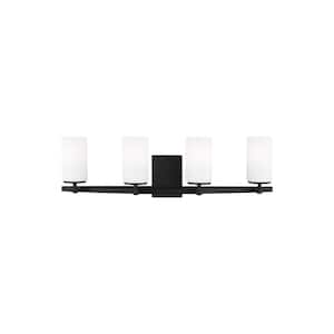 Alturas 30.5 in. 4-Light Midnight Black Modern Contemporary Wall Bathroom Vanity Light with Satin Etched Glass Shades