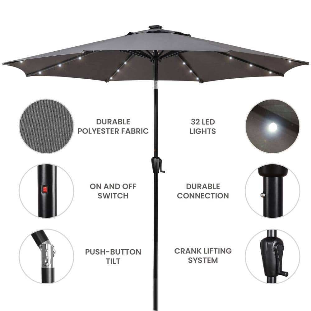 Gray 9' Round Steel Patio Umbrella with Solar LED Lights