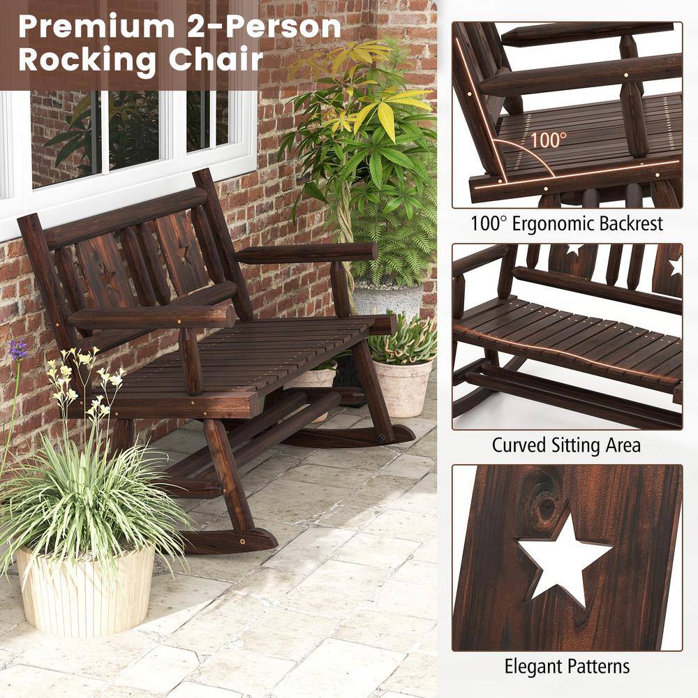 Rustic Brown Pine and Fir Wood 2-Person Outdoor Rocking Loveseat