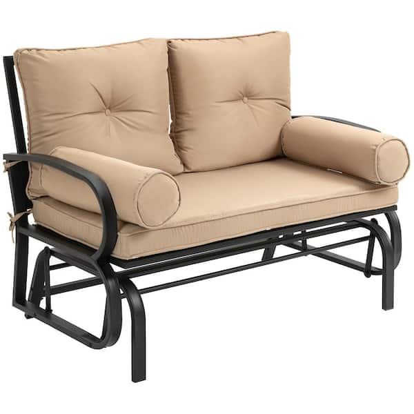 ANGELES HOME 48 in. W 2-Person Metal Outdoor Glider Bench Double Rocking Chair with Brown Cushions