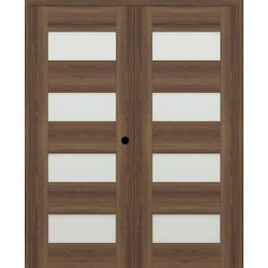 Vona 07-08 64 in. x 84 in. Left Active 4-Lite Frosted Glass Pecan Nutwood Wood Composite Double Prehung Interior Door