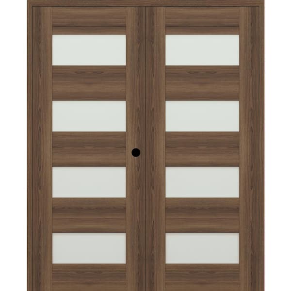 Vona 07-08 36 in. W. x 80 in. Left Active 4-Lite Frosted Glass Pecan Nutwood Wood Composite Double Prehung Interior Door