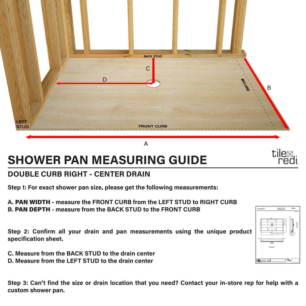 Beige PVC Double Curb Shower Pan with Center Drain, 48" x 36"