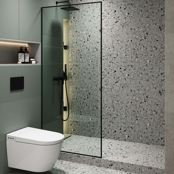FINE FIXTURES 34 in. W x 74.25 in. H Fixed Full Frame Shower Door in Black Finish with Tempered Glass