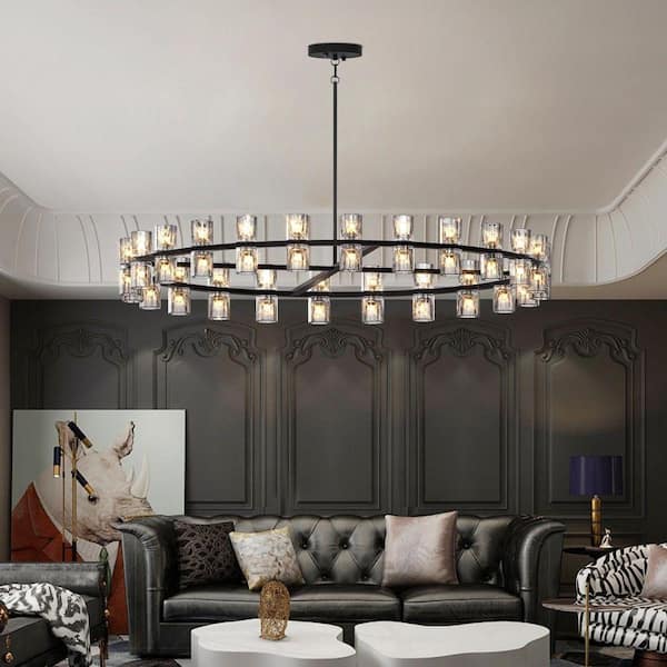 48 in. Black LED Crystal Chandelier, Large Farmhouse Wagon Wheel,Modern Round Dining Room Light by Hoyer(Bulbs Included)