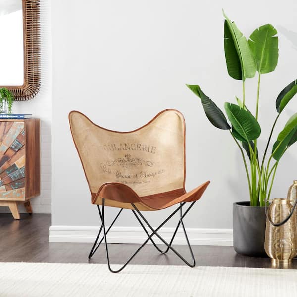 Litton Lane Brown Canvas Butterfly Chair with Leather Accents