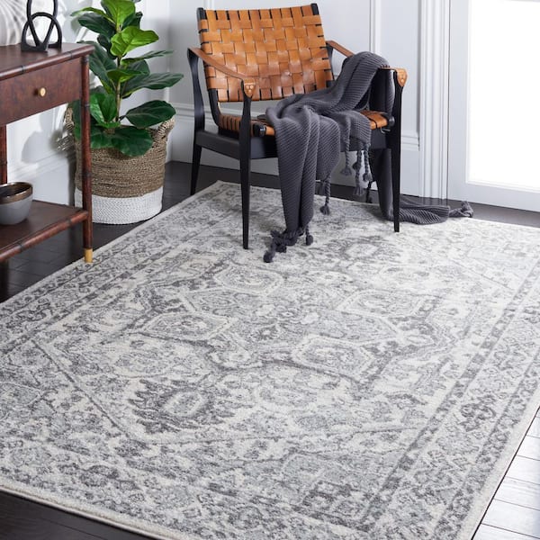 Tulum 9 ft. x 12 ft. Ivory/Gray Medallion Ornate Border Area Rug