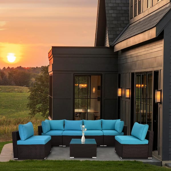 Unbranded 7-Pieces Black Wicker Outdoor Sofa Sectional Set with Blue Cushions