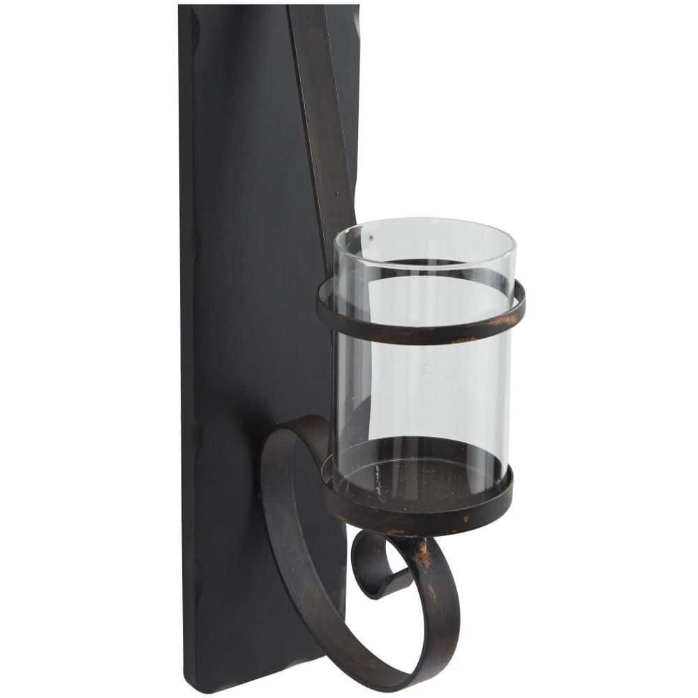 Black Metal and Wood Wall Sconce with Hurricane Glass