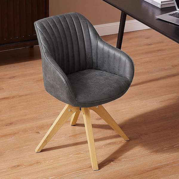 Art Leon Arthur Dark Gray Faux Leather Mid-Century Modern Swivel Accent Arm Chair with Wood Legs