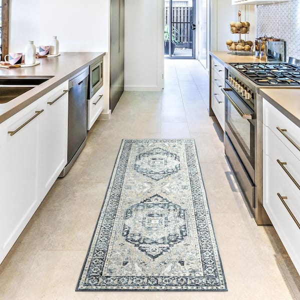 Treasure Rubia Ivory/Navy Blue 2 ft. x 7 ft. Medallion Machine Washable Runner Area Rug