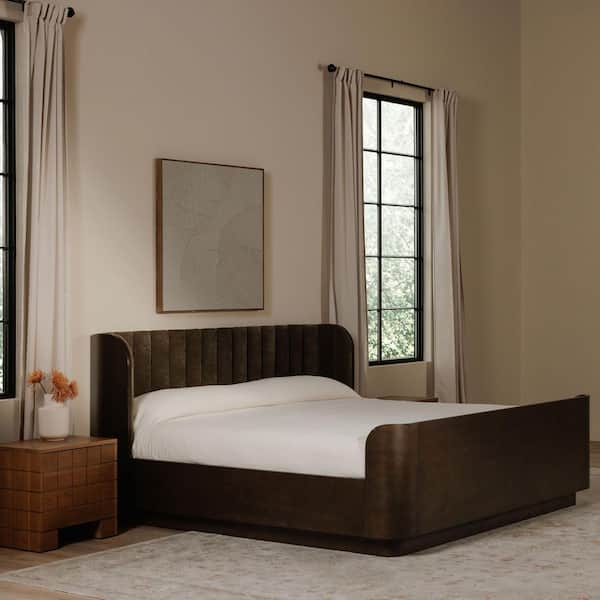 Elric Cedar Green MDF and Rubberwood Frame Queen Platform Bed with Curved Sleigh Headboard