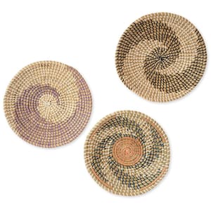 Hanging Natural Woven Seagrass Flat Baskets Wicker Wall Basket Decor (Set of 3)