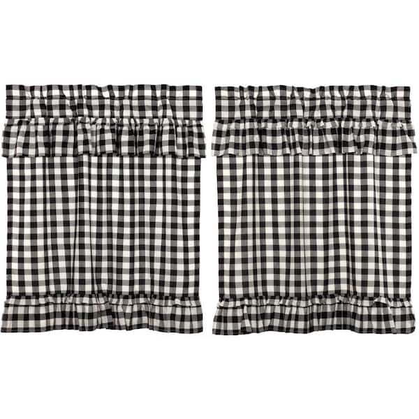 Annie Buffalo Check Black White 36 in. W. x 36 in L. Ruffled Cotton Light Filtering Rod Pocket Window Curtain Panel Pair