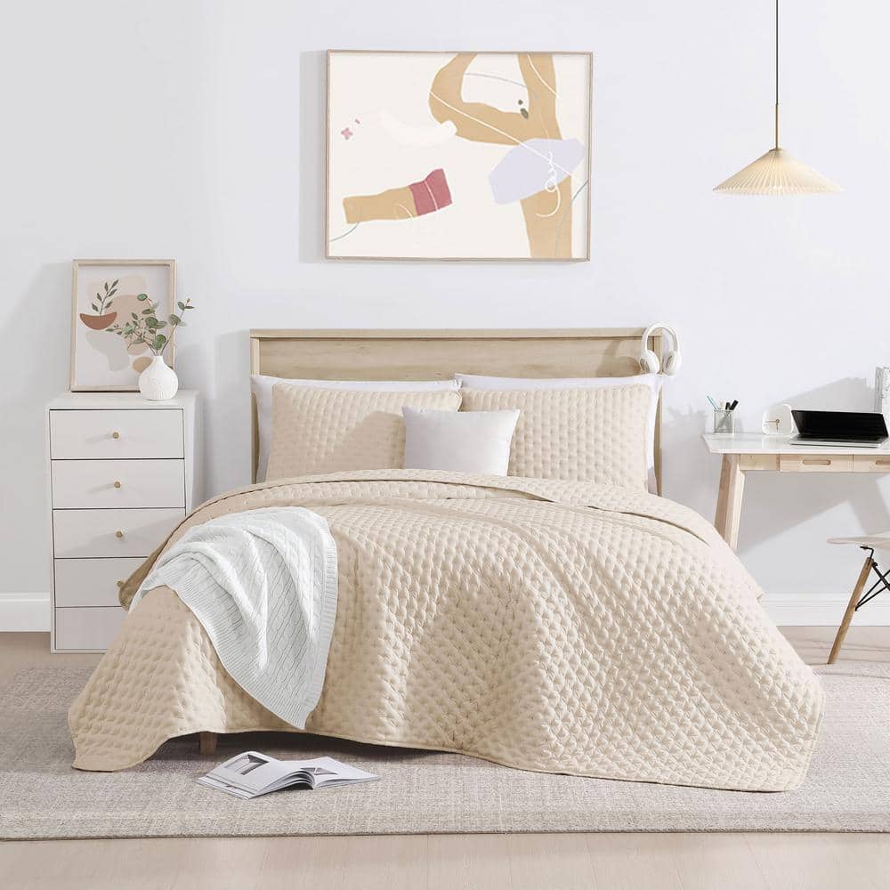 Beige Full Microfiber Bubble Quilt Set with Shams