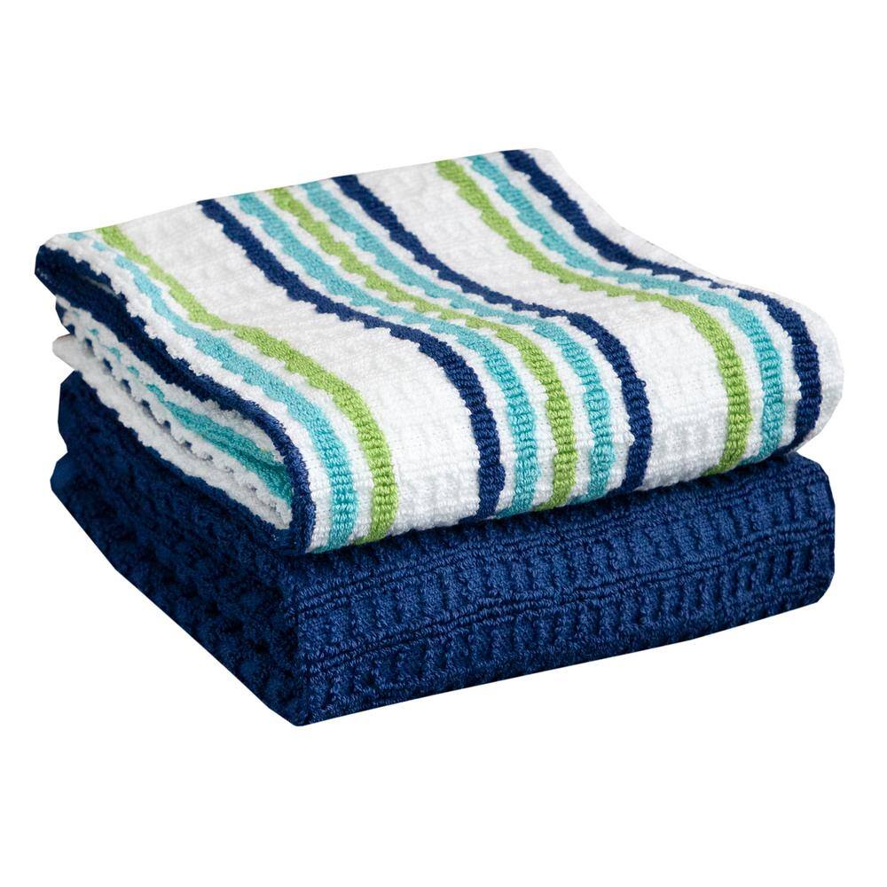 T-Fal Solid and Stripe Waffle Kitchen Towel, Set of 4 - Cool, Blue