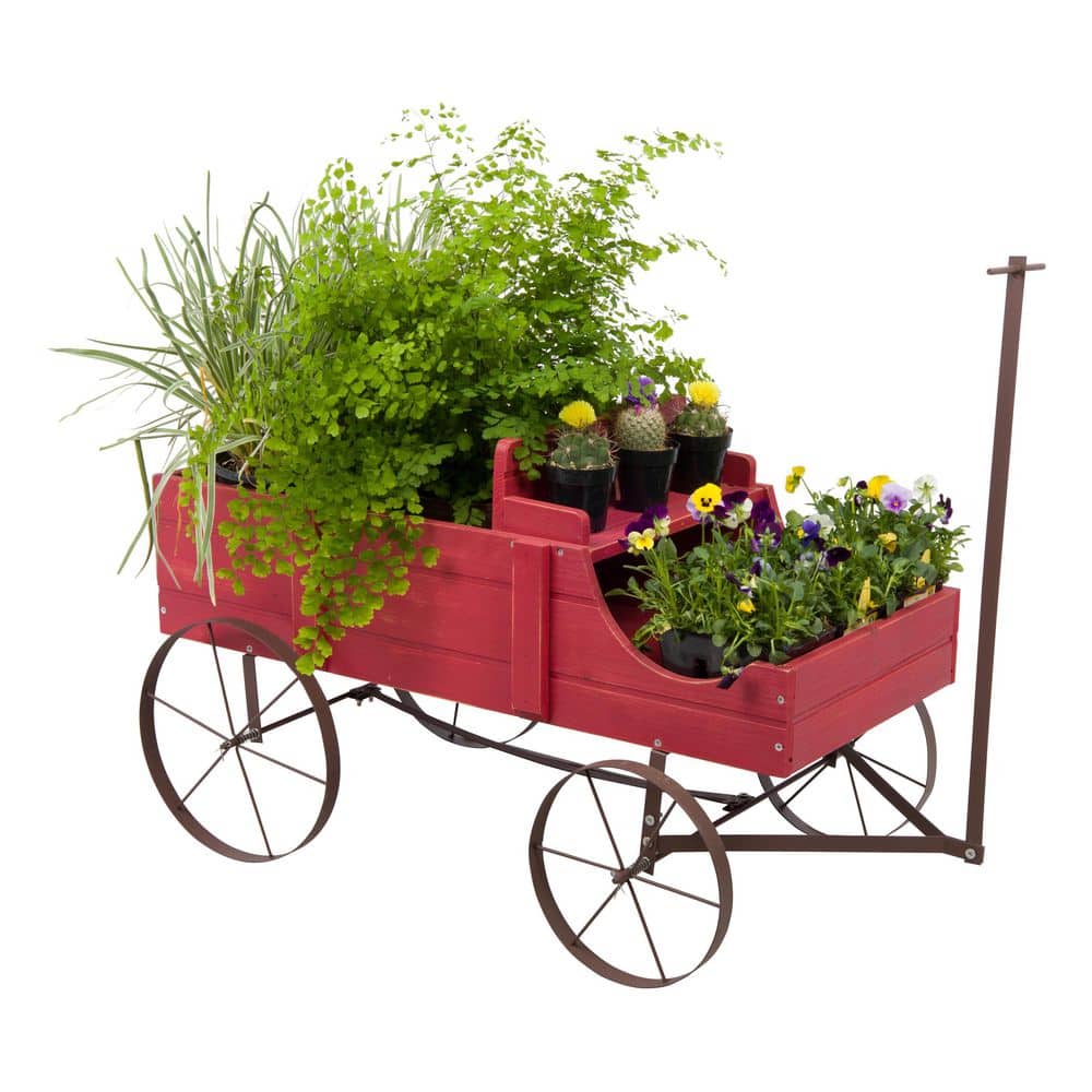 Red Wooden Buckboard Wagon Garden Planter