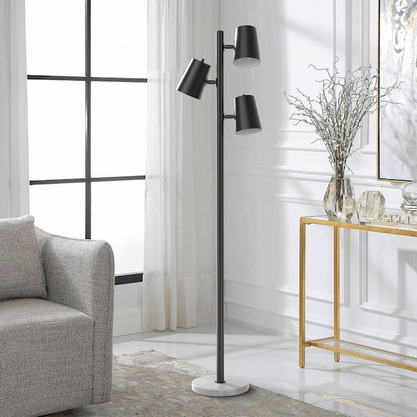 Caldwell 62 in. Black 3 Light Metal Living Room Reading Standing up Standard Floor Lamp With Marble Base
