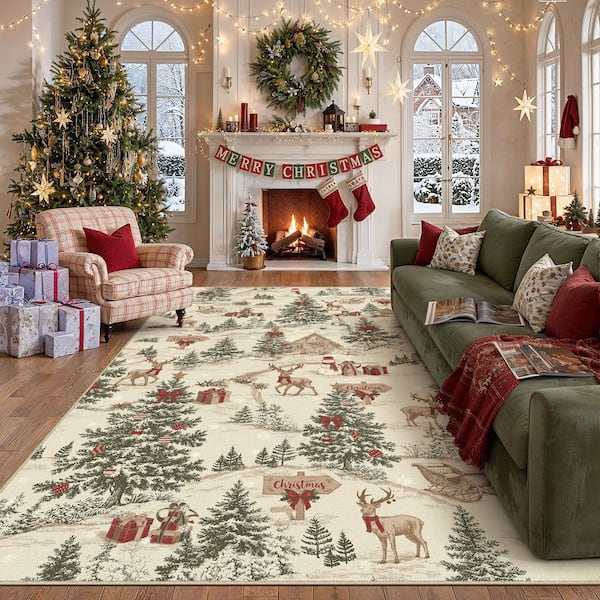 Christmas 8 ft. x 10 ft. Red Elk Snowflake Christmas Tree Area Rug