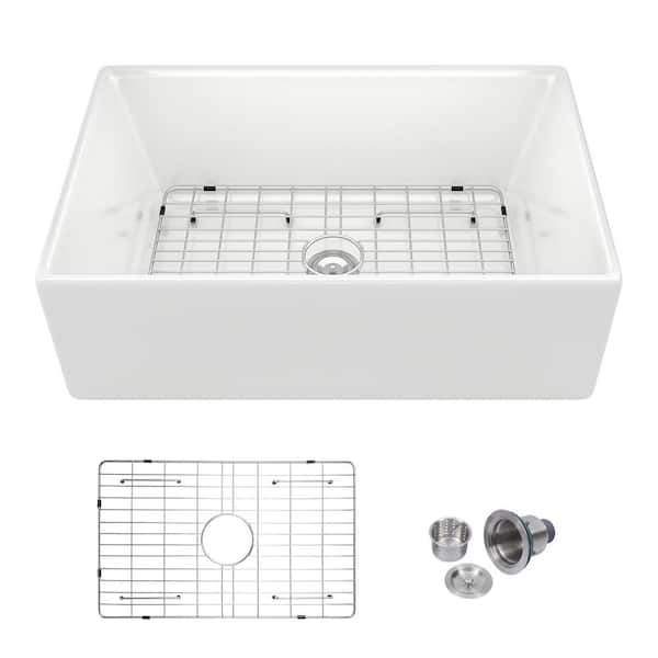 28 in. Fireclay Farmhouse Sink Single Bowl Glossy White Kitchen Sink with Bottom Grid