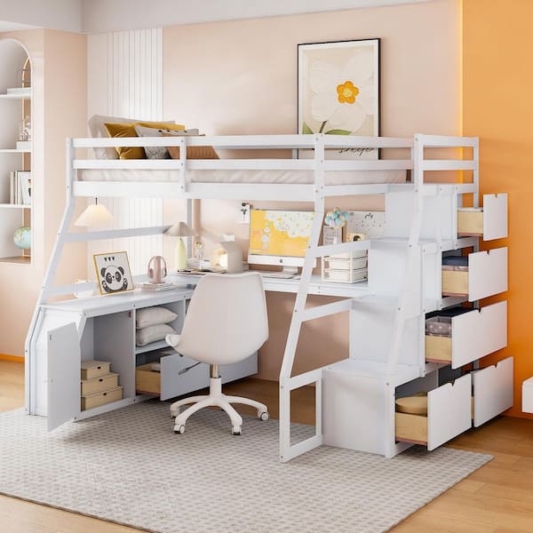 Full Size Loft Bed with 7 Drawers 2 Shelves and Desk - White