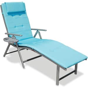 Portable Aluminum Outdoor Lounge Chair with Blue Cushions
