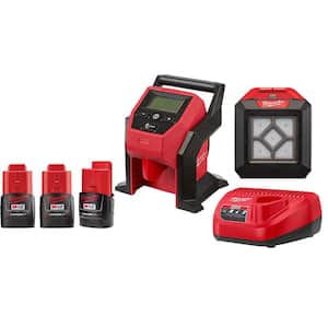 M12 12-Volt Lithium-Ion Cordless Compact Inflator with Compact Flood Light and Three M12 Compact Battery Packs
