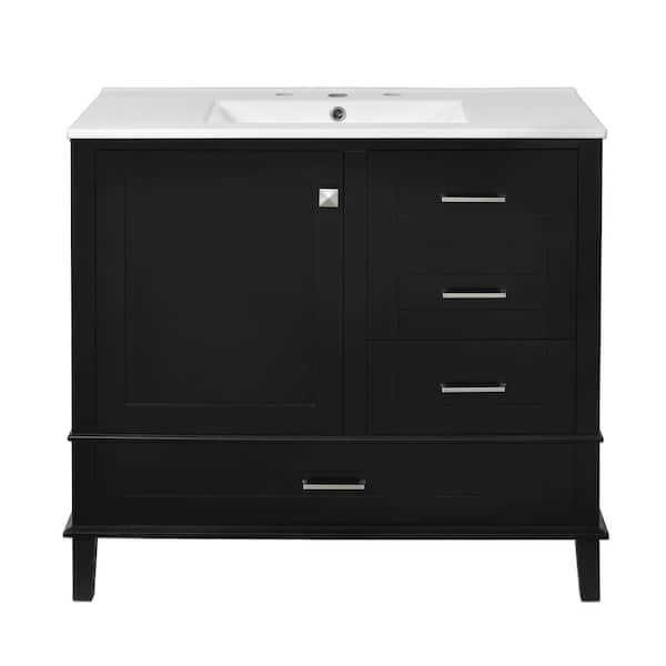 Siavonce 36 in. H Modern Bathroom Accent Cabinet with Solid Pine Frame Dividers 1 Soft Close Door and 3 Drawers Black