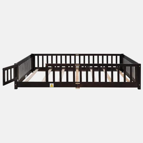 wetiny Brown Wood Frame Queen Size Platform Bed with Fence without Door