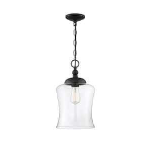 9.75 in. W x 16.5 in. H 1-Light Matte Black Pendant Light with Clear Glass Shade