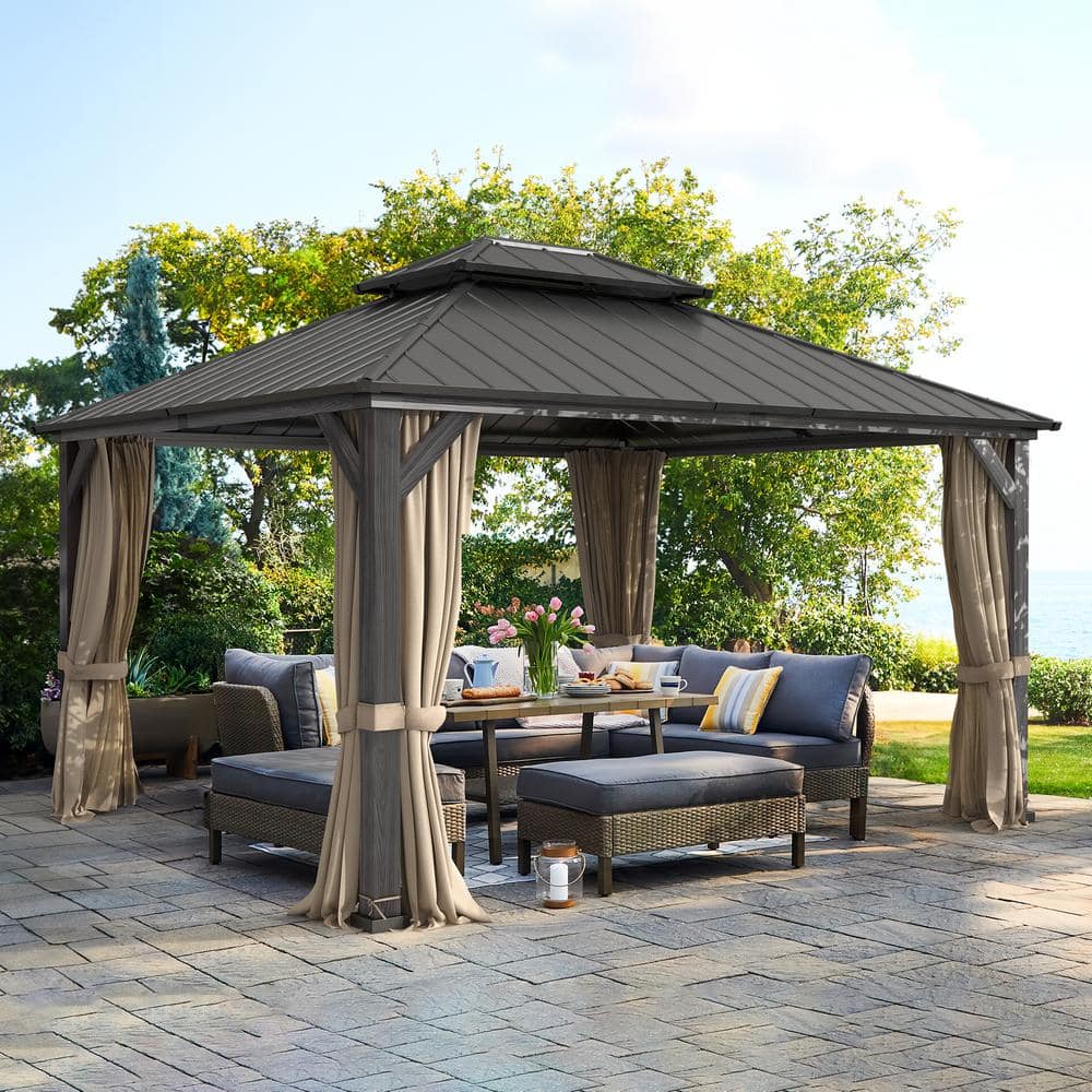 LUE BONA Karot 12 ft. x 14 ft. Gray Hardtop Wood Grain Aluminum Outdoor ...