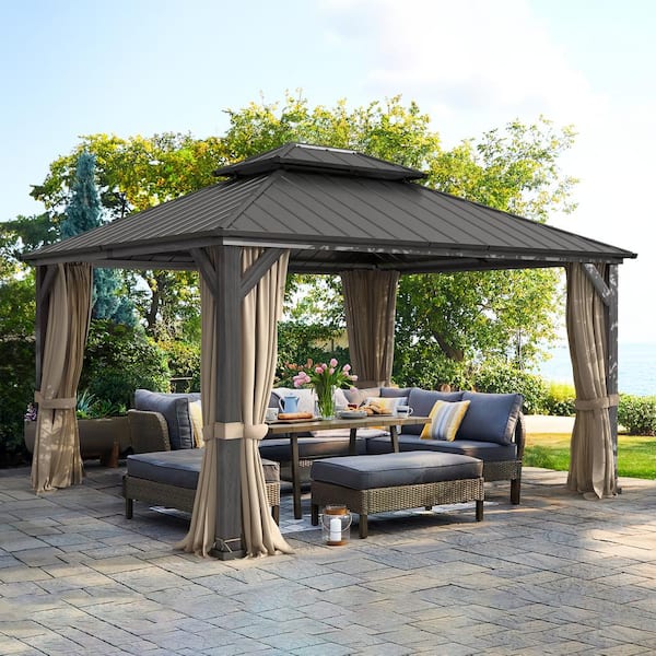 LUE BONA Karot 12 ft. x 14 ft. Gray Hardtop Wood Grain Aluminum Outdoor ...