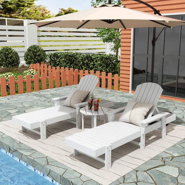 Altura 3-Piece Classic All Weather Adirondack Poly Reclining Outdoor Chaise Lounge Chair with Arms in White