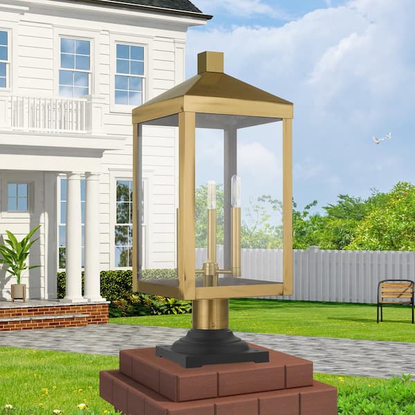 Creekview 24 in. 3-Light Antique Brass Cast Brass Hardwired Outdoor Rust Resistant Post Light with No Bulbs Included