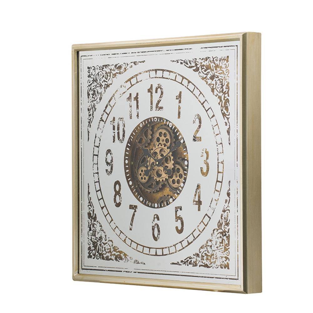 Square White and Brown Iron Wall Clock with Decorative Gears