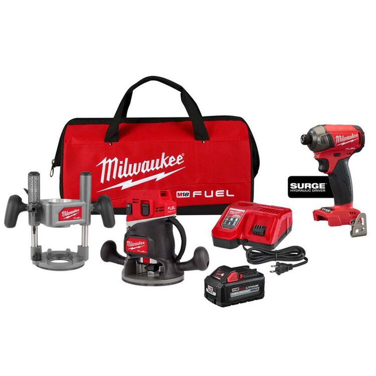 Milwaukee M18 FUEL 18-Volt Lithium-Ion Cordless Brushless 1/2 in. Router Plunge Base Kit w/ SURGE Impact Driver