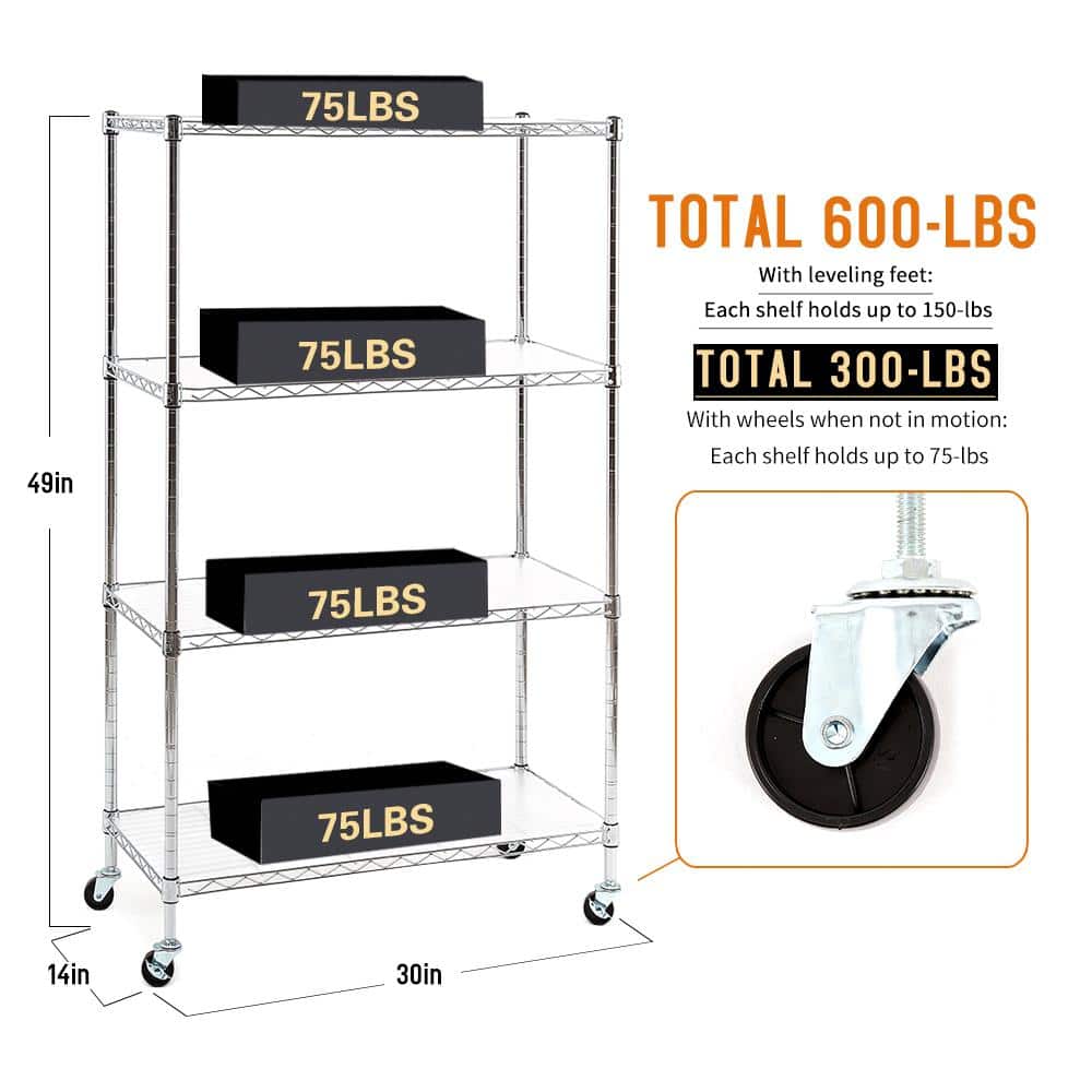 Chrome 4-Shelf Adjustable Steel Wire Shelving Unit with Wheels